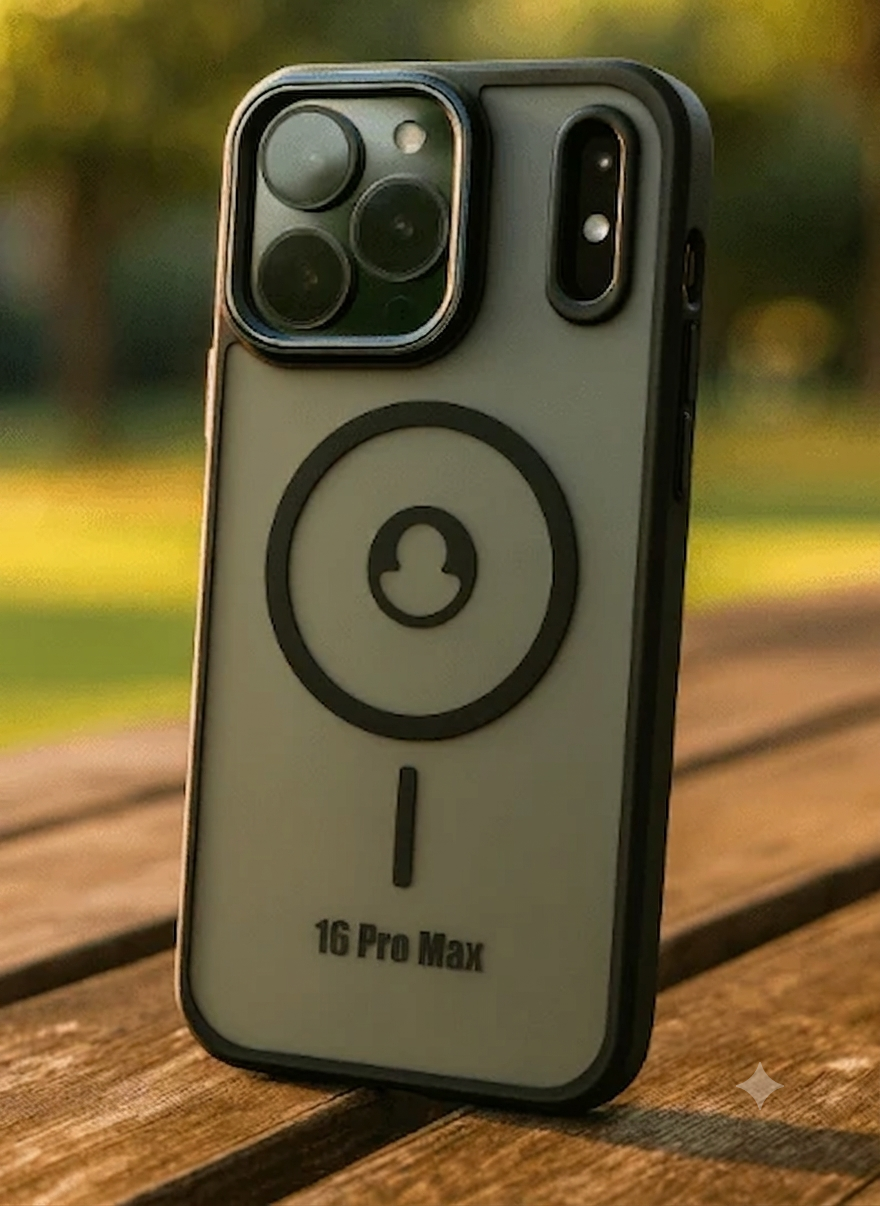 A phone case for an iPhone 16 Pro Max, featuring a black MagSafe-compatible ring and a minimalist black vertical bar design on a translucent gray back, shown resting on a wooden bench with a blurred park background.