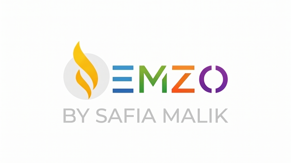 A minimalist logo design on a white background featuring a stylized yellow-orange flame icon next to the word 'EMZO' in blue, green, orange, and purple, with 'BY SAFIA MALIK' written underneath. A small gold shield logo appears in the bottom-left corner.
