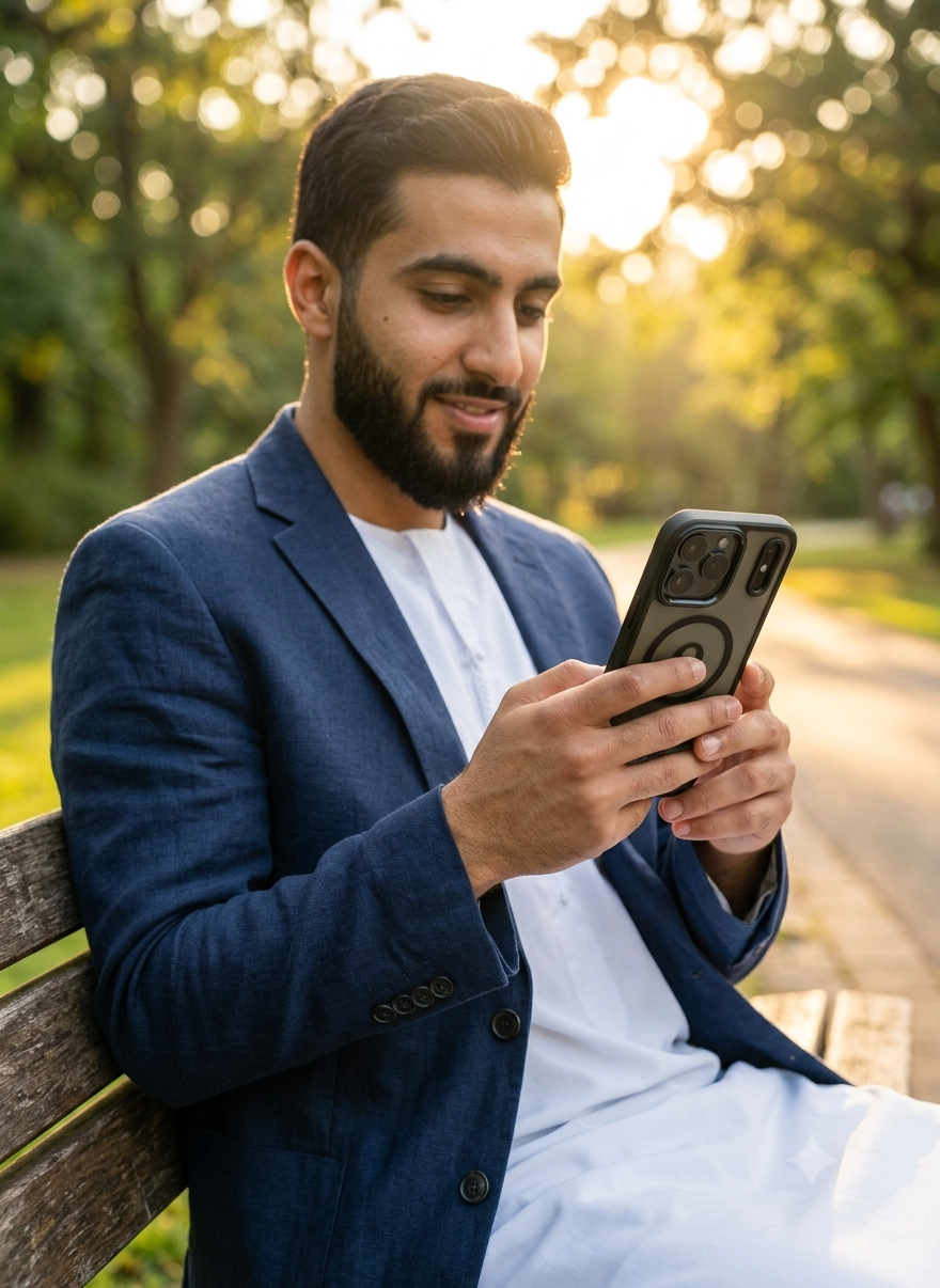 A man with a beard sits on a wooden bench in a sunny park, wearing a navy blue blazer over a white thobe and looking down at a black smartphone he is holding.