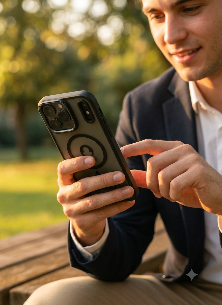 A man in a navy blazer and white shirt sits outdoors on a wooden bench, holding a black smartphone case with a circular MagSafe-style ring while looking at the screen.