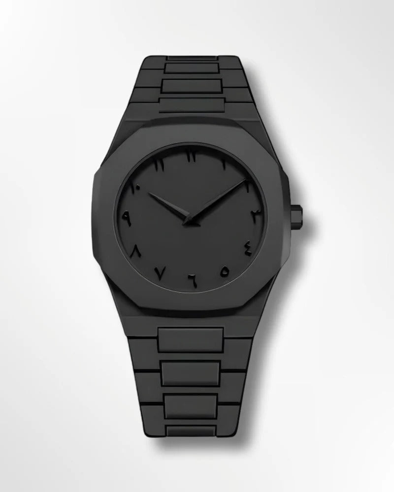Black watch with a metallic band on a white background