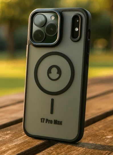 Phone case with '15 Pro Max' text on a wooden surface